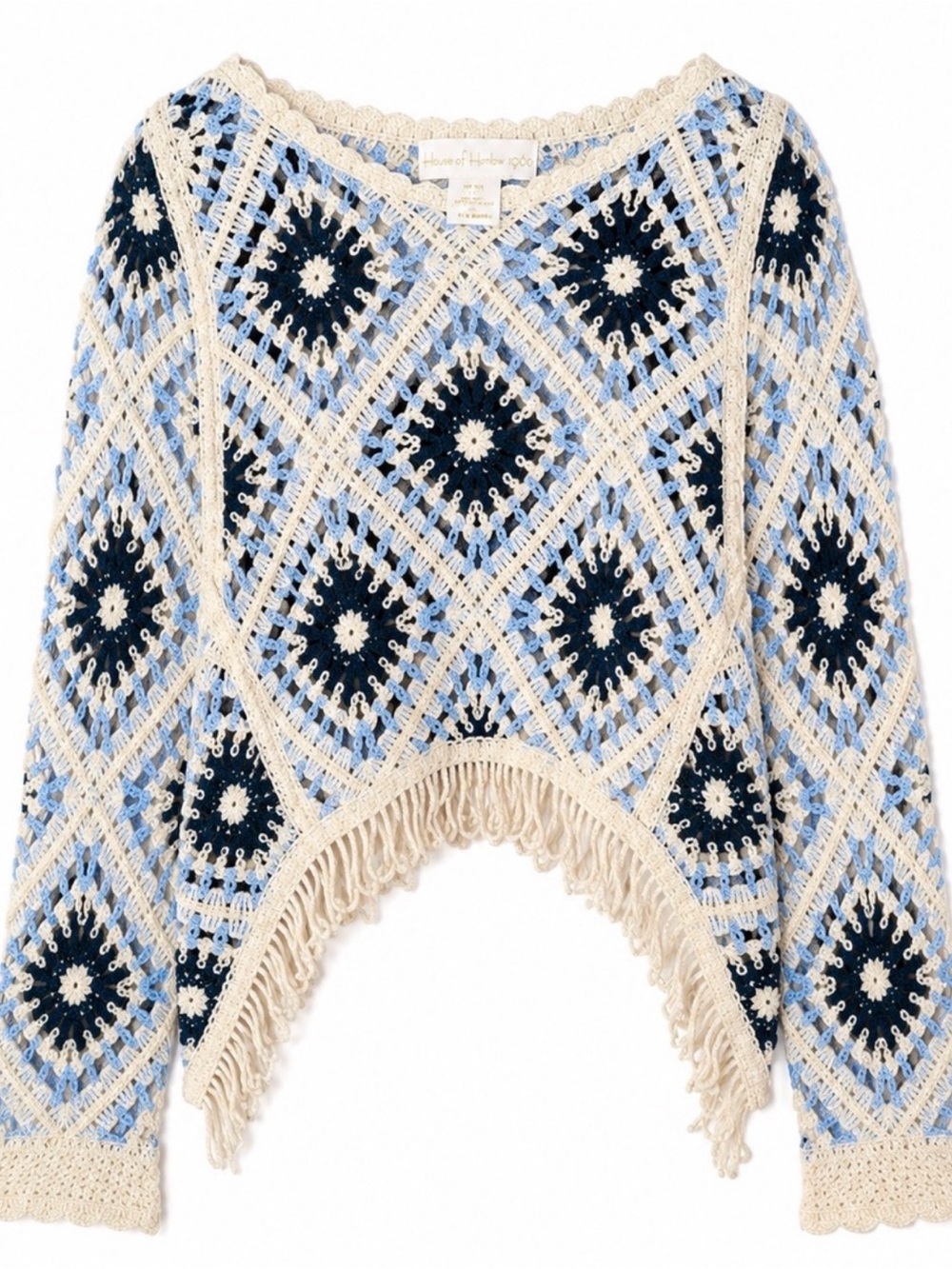 House of Harlow 1960 Hand-Crocheted Fringe Sweater in White and Navy